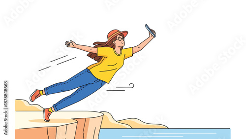 Adventurous Woman Taking Selfie On Cliffside Adventure Seeking Content Creation
