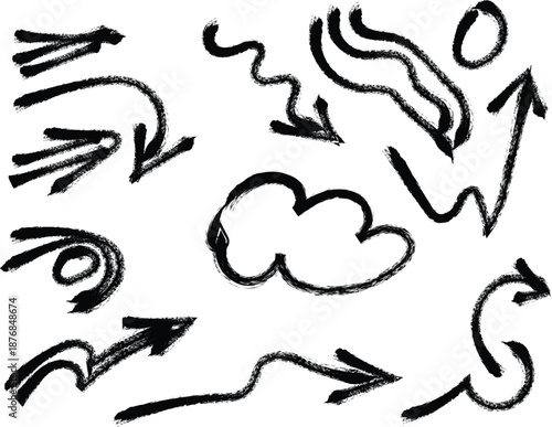 Hand drawn arrows and swirling lines on a white background