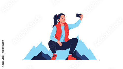 Adventurous Woman Taking Selfie On Mountain Peak Enjoying Outdoor Activities