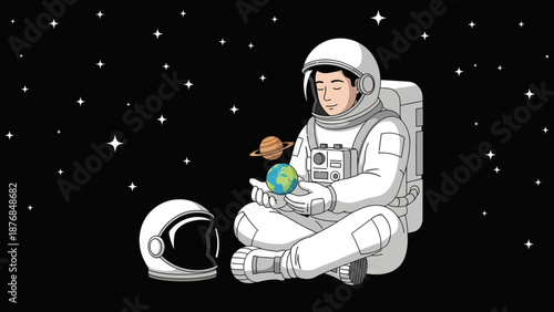 Astronaut Meditating in Space Contemplating Earth and Another Planet Drawing