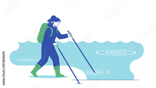 Adventurous Woman Trekking Across Shallow Waters With Hiking Poles Illustration