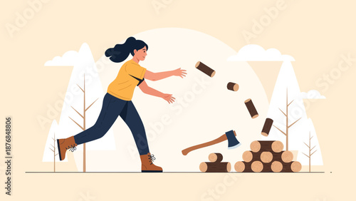 Agile Lumberjack At Work With Flying Log Pieces In Autumn Forest Environment