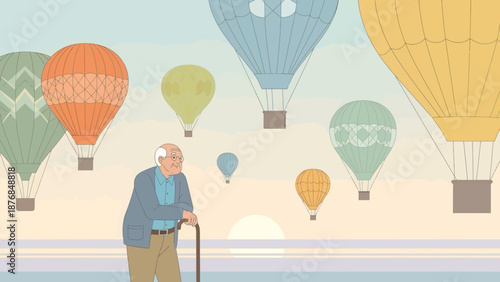 Aged Man Gazing at Hot Air Balloons Dreamy Nostalgic Senior Moment Graphic