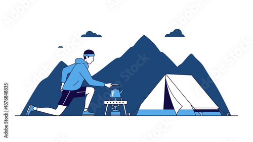 Athlete Prepares Beverage In The Mountains At The Campsite