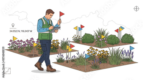 Agronomist Inspecting A Field Of Plants And Flowers Taking Notes On A Tablet