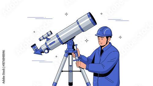 Astronomer Worker Exploring Stars Through Powerful Refracting Telescope Illustration