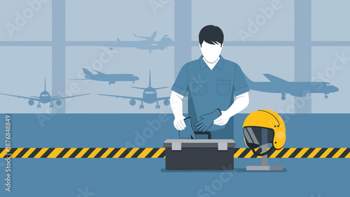 Aircraft Maintenance Crew Preparing Toolbox Before Flight At Airport Terminal