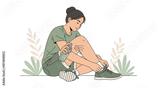 Athlete Sprays Repellent Before Tying Shoe Laces Preparing For Outdoor Workout