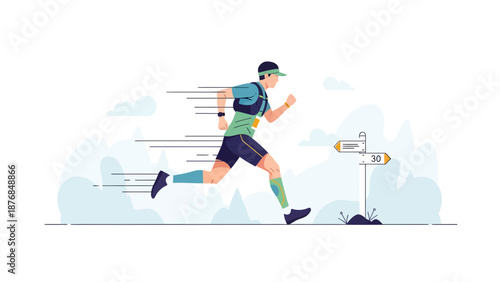 Athlete Running Fast In A Marathon With Direction Sign Vector Illustration