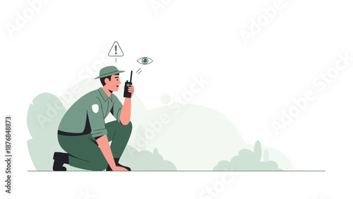 Alert Ranger Communicating Via Radio While Alert And Observant Illustration