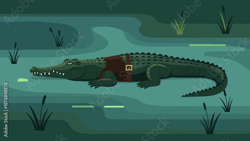 Alligator Adventures In Swamp With Leather Harness Flat Illustration Vector