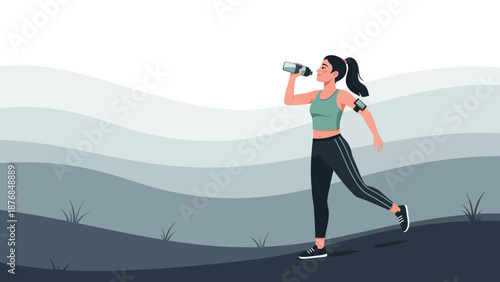Athletic Woman Hydrating During Outdoor Workout In Scenic Landscape Flat Illustration