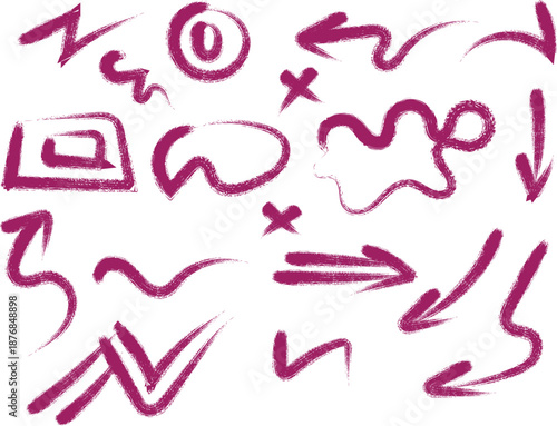 A collection of red hand drawn symbols and arrows on a white background