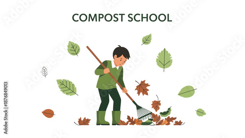 Autumn Cleanup Volunteering Young Boy Raking Leaves For Composting Process