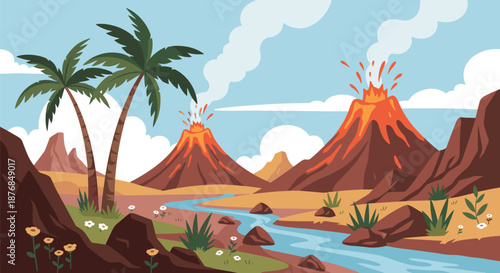 Prehistoric landscape featuring active volcanoes erupting with smoke and lava in a valley with palm trees and a river.