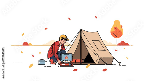 Autumn Camping Adventure Young Man Preparing Food At Campsite Illustration