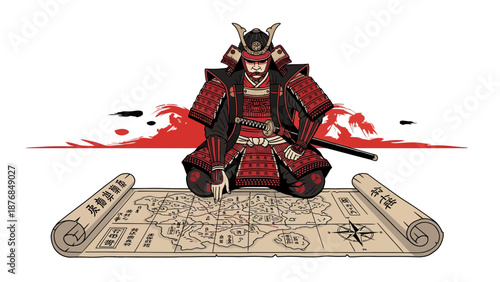 Ancient Strategist Planning Campaign With Map Wearing Armor And Sword Illustration