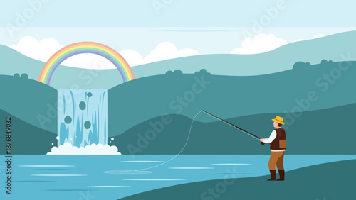 Angler Enjoying Peaceful Nature With Waterfall And Rainbow Landscape Illustration