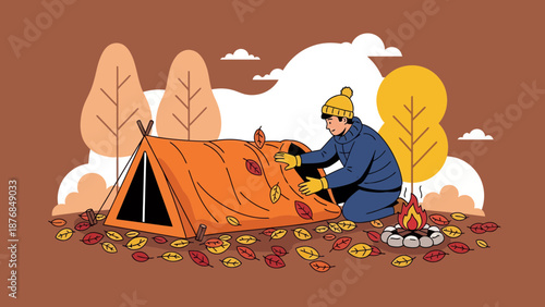 Autumnal Adventure Camping Trip At The Campground With Campfire In Foliage Season