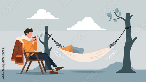 Autumn Day In Nature With Man Relaxing By Hammock And Drinking Tea