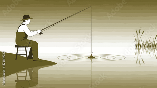 Angler In Waders Sitting On Chair Lakeside With His Fishing Rod In Water