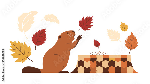 Animated Beaver Juggling Autumnal Leaves Near A Stump Against A White Backdrop