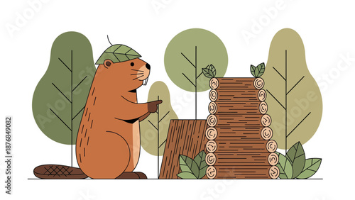 Animated Beaver Pointing Towards a Log Bridge In Woodland Setting