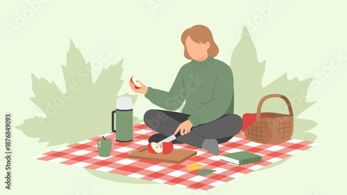 Autumnal Picnic Scene Person Enjoying Fresh Apple And Hot Drink Outdoors