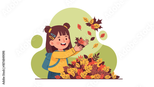 Autumnal Fun A Little Girl Throwing Leaves In The Air Illustration