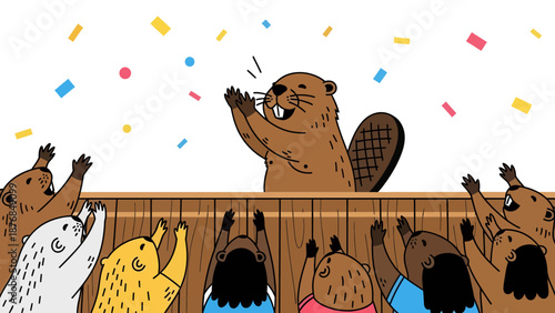 Animated Beaver Clapping on Stage Receiving Ovation From Cheering Crowd Celebration