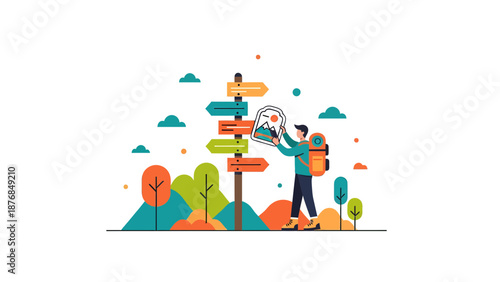 Backpacker Making A Decision At The Crossroads And Holds A Picture