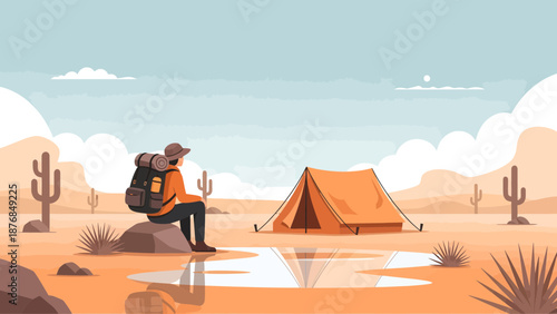 Backpacker Relaxing By Tent On Desert Landscape Adventure Outdoor Recreation