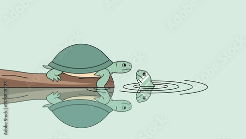 Aquatic Encounter Two Cartoon Turtles Interacting Near Calm Water And Reflection