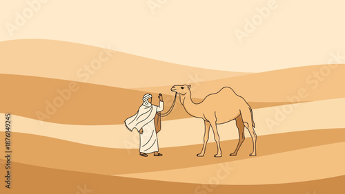 Arabian Adventures Man Leading Camel Through Desert Dunes Illustration