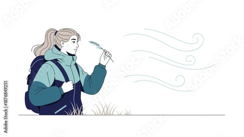 Backpacker Woman With A Branch Feeling The Wind In A Minimalist Style