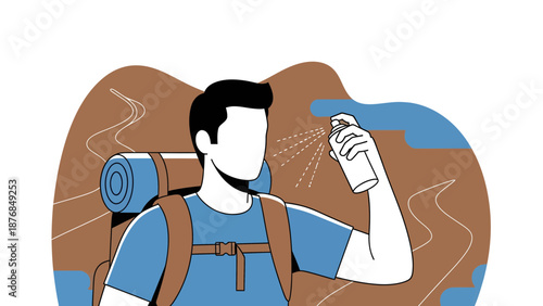Backpacker Using Insect Repellent Spray During Outdoor Adventure