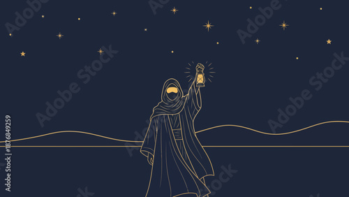 Arabian Nights Desert Wanderer With Lantern Under Starry Sky Illustration