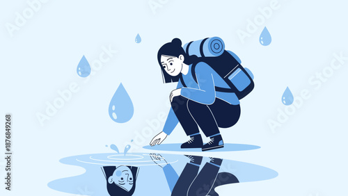 Backpacking Woman Interacting With Water Puddle In Rainy Weather Illustration