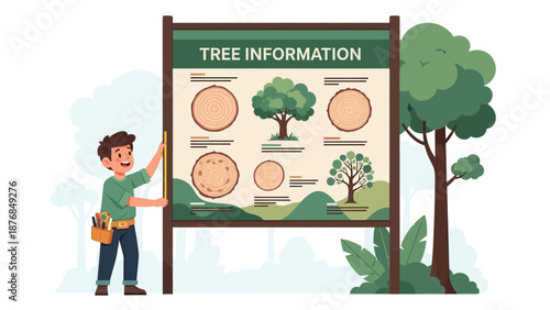 Arborist Measuring Tree Information On Display In Nature Center Illustration