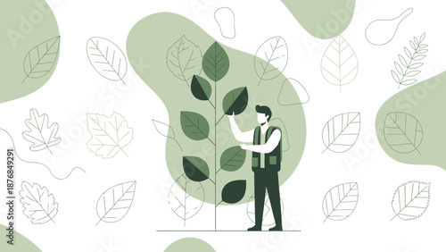 Arborist Working With Tree In Green And White Minimalist Illustration