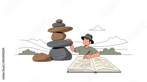 Balancing Act Man Composes Nature's Harmony Beside Stone Cairn Outdoor Journaling