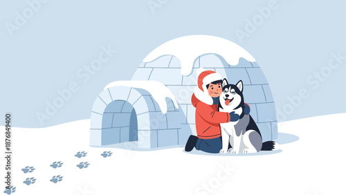 Arctic Adventure Boy Hugging Husky Dog With Igloo And Paw Prints In Snow
