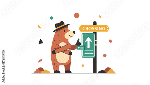 Bear Character Near A Crossing Sign With Cute Adorable Style Cartoon Illustration