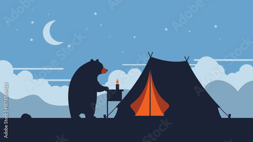 Bear Camping Under The Stars By Tent At Night In Flat Design Illustration