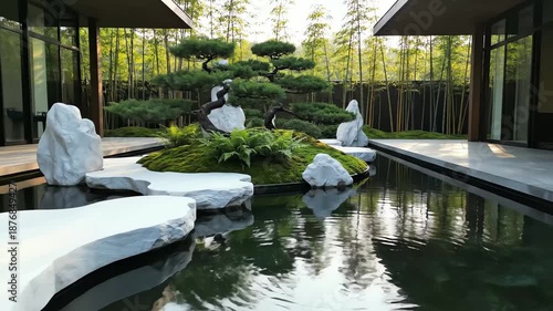 serene japanese zen garden with bonsai tree and reflecting pond for landscape design websites, spa brochures, meditation blogs, wellness centers, architecture presentations, with copy space