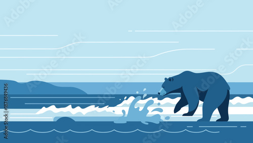 Bear Catching Fish at the Ocean in Alaska Minimalist Flat Vector Illustration