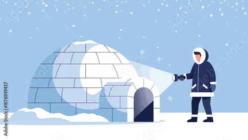 Arctic Adventure Exploring Igloo With Flashlight Under Falling Snows Background