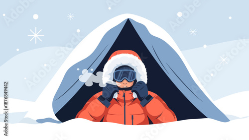 Arctic Adventurer In Snow Vector Illustration Winter Scenery Outdoor Activity