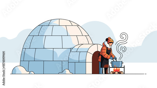 Arctic Culinary Adventures A Woman Cooking Near an Igloo in a Snowy Landscape