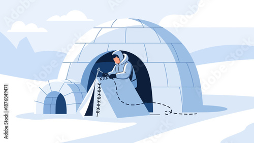 Arctic Dweller: An Inuit Building an Igloo in a Snowy Landscape